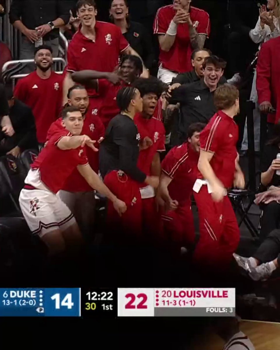 7'0" Aly Khalifa can't miss 🤯 The Louisville Men's Basketball bench is lovin' it!