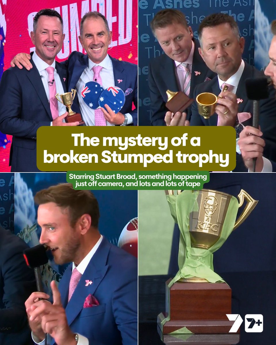 After the scenes to finish Stumped yesterday, the trophy got brought into the commentary box ... where it was broken! It's all taped up today, and the mystery of what exactly Stuart Broad did to it lives on 😂