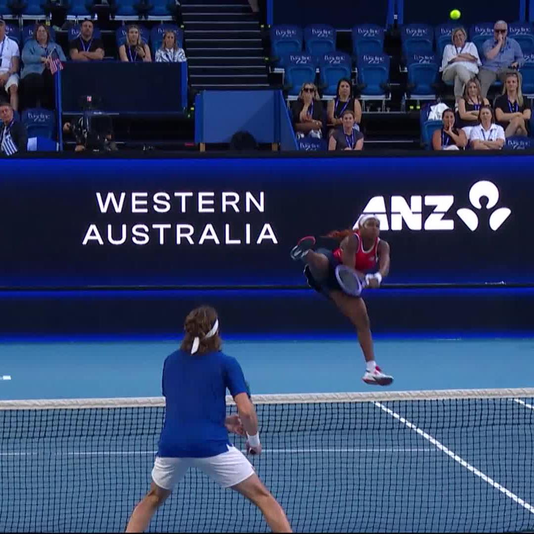 Coco Gauff showing off INCREDIBLE hand skills in back to back points against Sakkari & Tsitsipas in United Cup mixed doubles. Cat-like reflexes. 🐈⬛ World-class athleticism. 😮💨