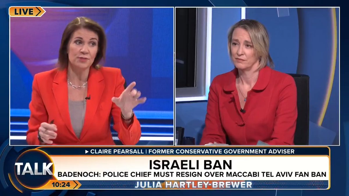 🚨 "Every single police officer involved in that decision should be SACKED on the spot." Julia Hartley-Brewer slams West Midlands police for "bending over backwards to local Islamist leaders" over the Maccabi Tel Aviv fan ban. Julia Hartley-Brewer