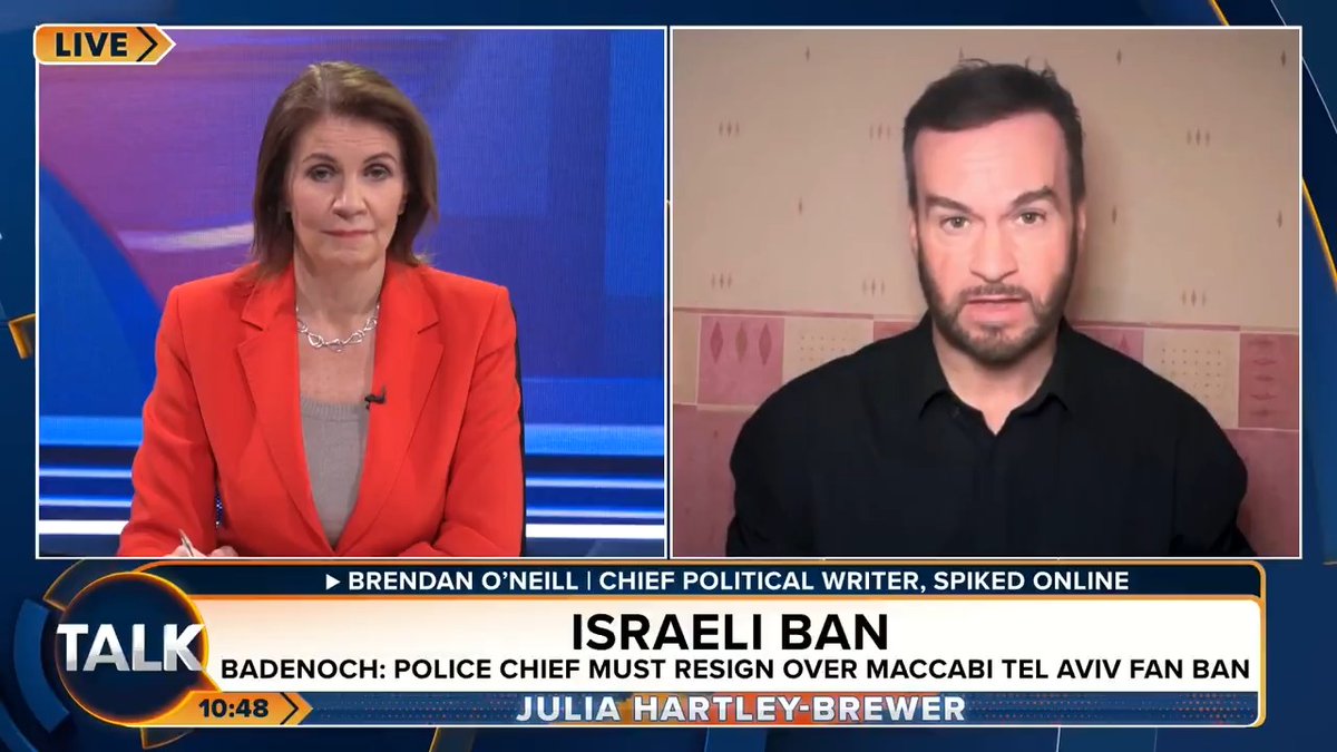 🚨 "They did the bidding of a racist mob of Jew-haters. The ideology of multiculturalism is now untenable." Author Brendan O'Neill calls the decision to ban Maccabi Tel Aviv fans, "one of the worst police scandals in decades". Julia Hartley-Brewer