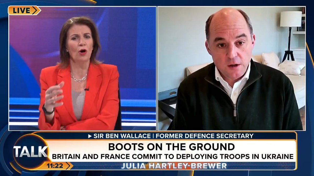 🚨 "You could argue it's the coalition of the unfunded. Britain and France aren't funding defence." Ex-Defence Secretary Sir Ben Wallace questions whether Britain has an army to deploy to Ukraine. Julia Hartley-Brewer