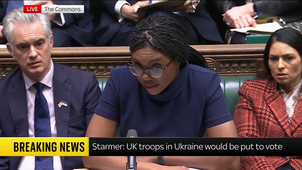 Badenoch: 'If the PM is committing troops to Ukraine, he must give more detail on how he intends to ensure our armed forces are fully resourced.' Starmer: 'We have increased the defence spend, and it is the biggest sustained increase in defence spending since the Cold War.'