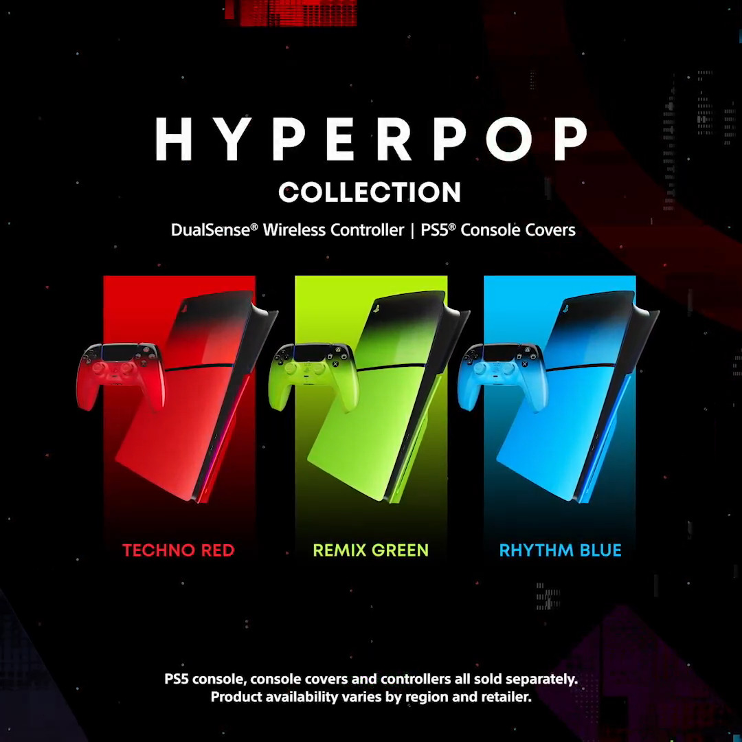 Turn it up with the Hyperpop collection. DualSense controllers and PS5 console covers inspired by the vivid flash of neon: 🔴 Techno Red 🟢 Remix Green 🔵 Rhythm Blue Launching 12th March, with pre-orders live 16th January: