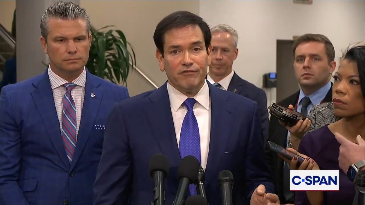 Secretaries Rubio and Hegseth speak to media following briefing with Senators.