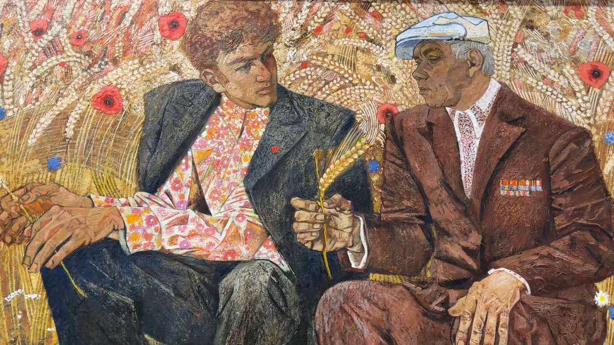 I suggest you take a short break and look at this piece of Ukrainian art. 🇺🇦 Viktor Zaretsky, A Talk about Bread, 1984. Here, he’s already strongly influenced by Klimt.