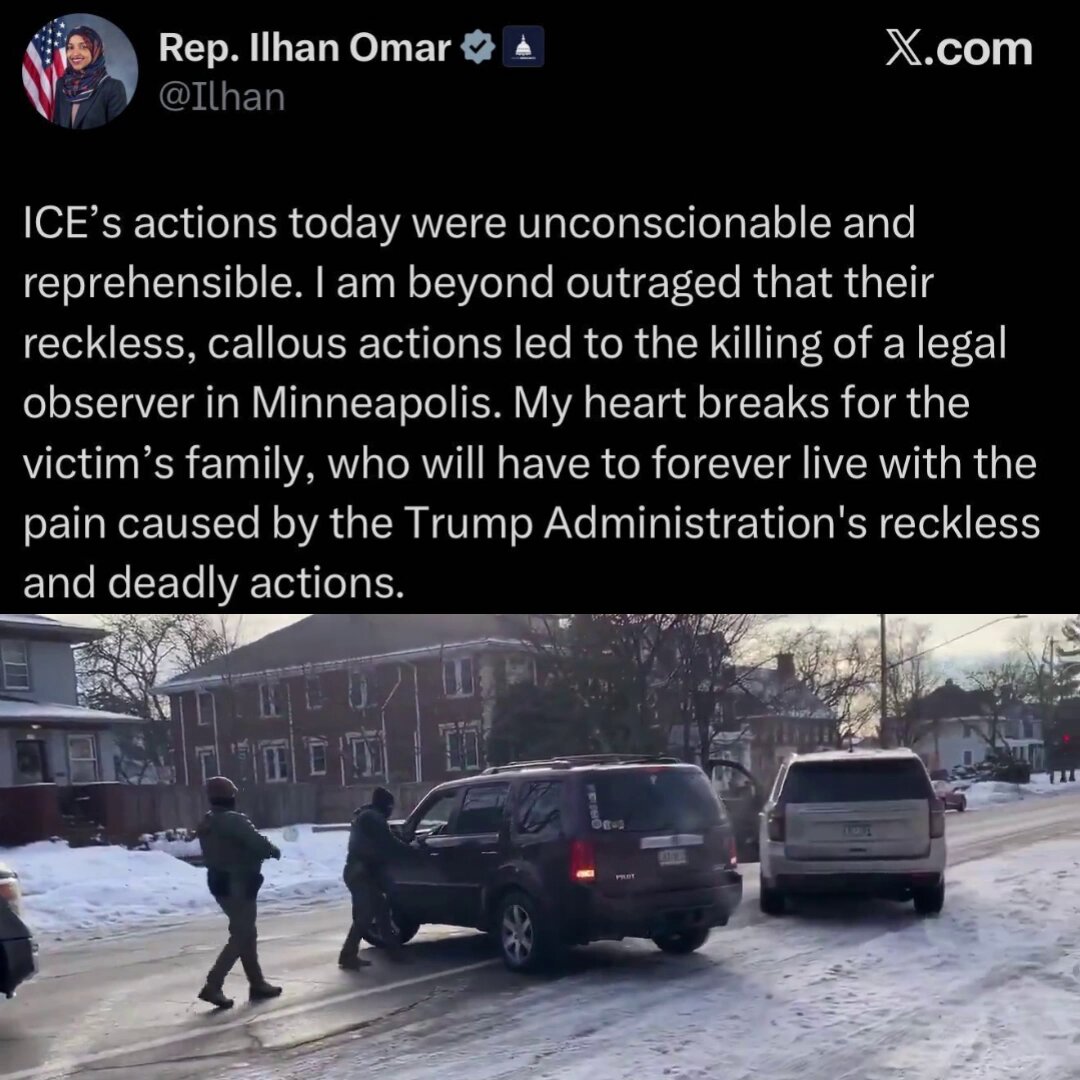 🚨 WTF?! Somali Rep. Ilhan Omar just called the anti-ICE terrorist in Minneapolis a "LEGAL OBSERVER" "The killing of a legal observer." Un-freaking-believable. DEPORT ILHAN OMAR! She is a traitor.