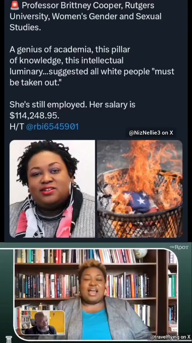Credit for these finds go to NizNellie3 and Taya Bass here on X This is Rutgers professor Brittney Cooper saying that ”Whiteness is going to have an end date… We gotta take these muthafuckers out." Completely insane, WHY DOES SHE STILL HAVE A JOB Rutgers University?
