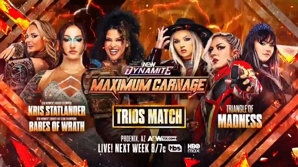Triangle of Madness Thekla テクラ, julia hart & Skye Blue are looking for a fight as they call out Babes of Wrath and #AEW Women’s World Champion Kris Statlander for next week at Maximum Carnage! Watch #AEWDynamite LIVE on TBS & HBO Max