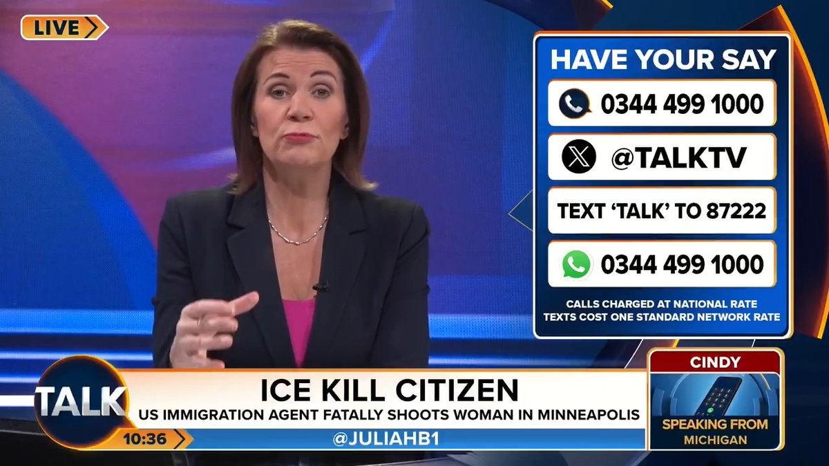 🚨 Julia Hartley-Brewer and caller Cindy in Michigan disagree over US ICE agents shooting dead a protester. Cindy: "She had a deadly weapon right there. A 1600-pound vehicle." JHB: "He didn't need to shoot her dead. They were trigger-happy, I'm afraid." Julia Hartley-Brewer
