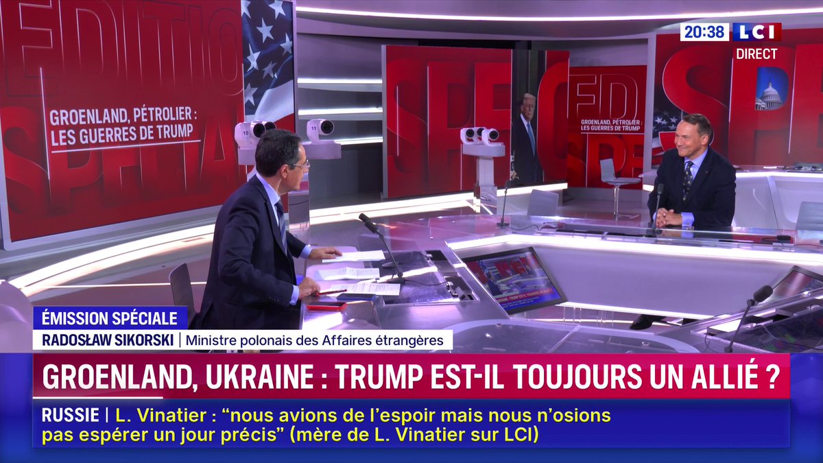 "Une attaque sur un pays de l'OTAN et une attaque sur tous les pays membres de l'OTAN et nous renforçons nos capacités militaires... Ceci permet de dissuader Poutine pour qu'il ne réfléchisse même pas à une telle attaque" : Radosław Sikorski 🇵🇱🇪🇺 face à Darius Rochebin