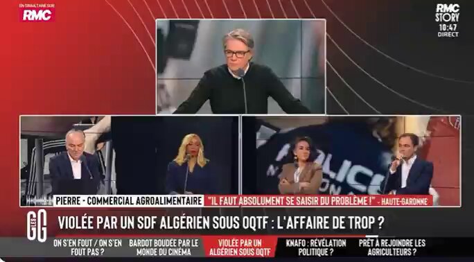 Pierre, commercial : "pour les dégager ces OQTF, ce serait les foutre dans un avion, les faire descendre de l'avion et de repartir et de ne rien avoir à foutre du dt international comme le fait Donald J. Trump, je suis désolé, quand l'Algérie met C Gleize en prison ou B Sansal, ils en ont rien à faire du dt international alors pourquoi nous serions les dindons de la farce, on est trop faible sur tout, on est trop faible sur la justice, sur le dt international. On passe tj pour des cons. Il y a de la neige, on passe pour des cons. Il y a des OQTF qui ne sont pas expulsés, on passe pour des cons. On emprisonne nos ressortissants dans les pays, on passe pour des cons. On passe tj pour des cons. Je veux bien être le pays des dt de l'Homme mais à un moment donné, il faudrait arrêter avec".