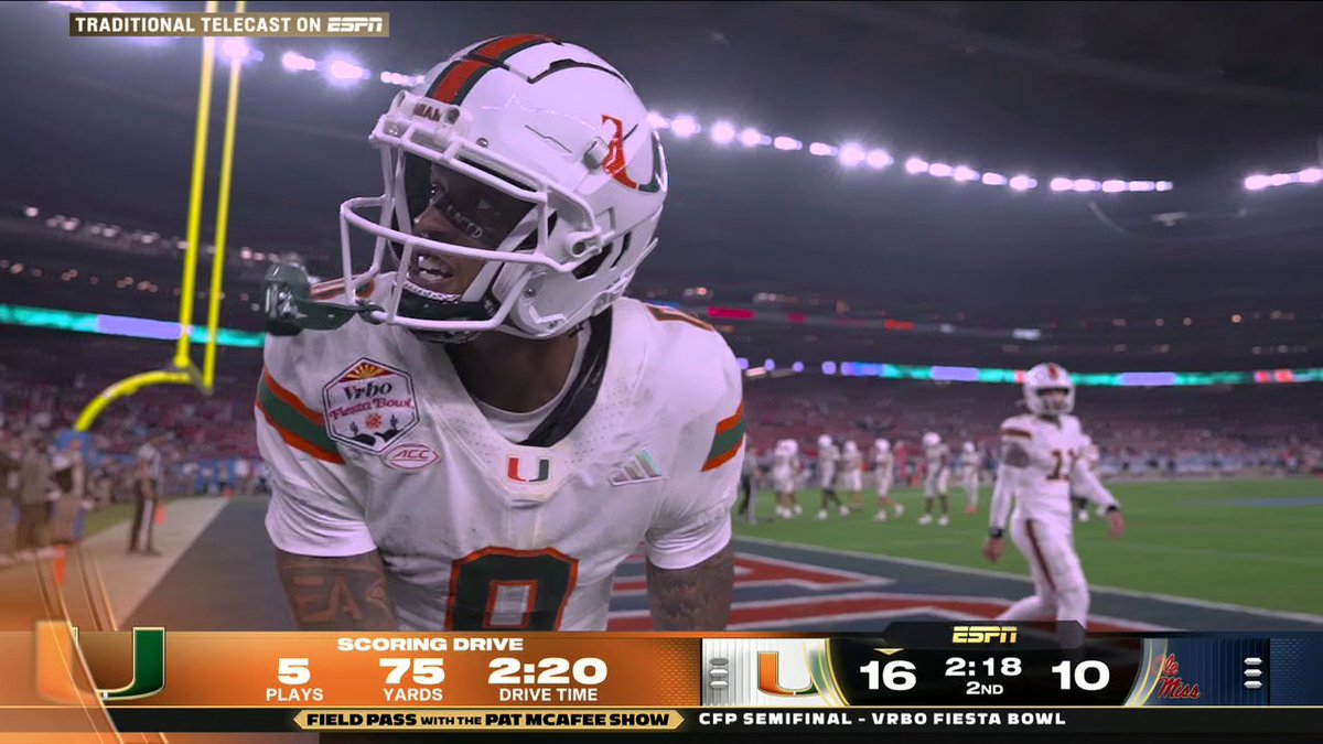 "I LOVE TO SEE IT. I LOVE TO FEEL IT." Pat was loving this Miami touchdown 🔥 Watch the CFP semifinals Field Pass presented by Pat McAfee on ESPN2 and the ESPN App ➡️