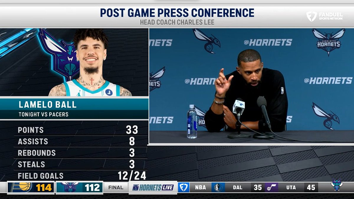 🎙️ Charles Lee on LaMelo Ball: "He had great pop tonight, great energy, gave us a huge boost off the bench." "Obviously, his play and performance helps our team, but also his open-mindedness to come off the bench... it shows another area of his leadership, of his selflessness."