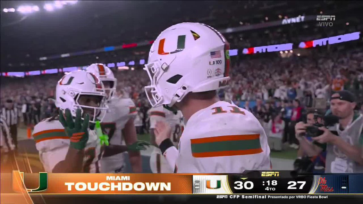 ¡Miami está en la gran final tras un juegazo! Este TD de Carson Beck les dio el pase por el #NationalChampionship. Lo dicho: el futbol colegial es una belleza. Un placer relatarles esta semifinal. Gracias por acompañarnos.