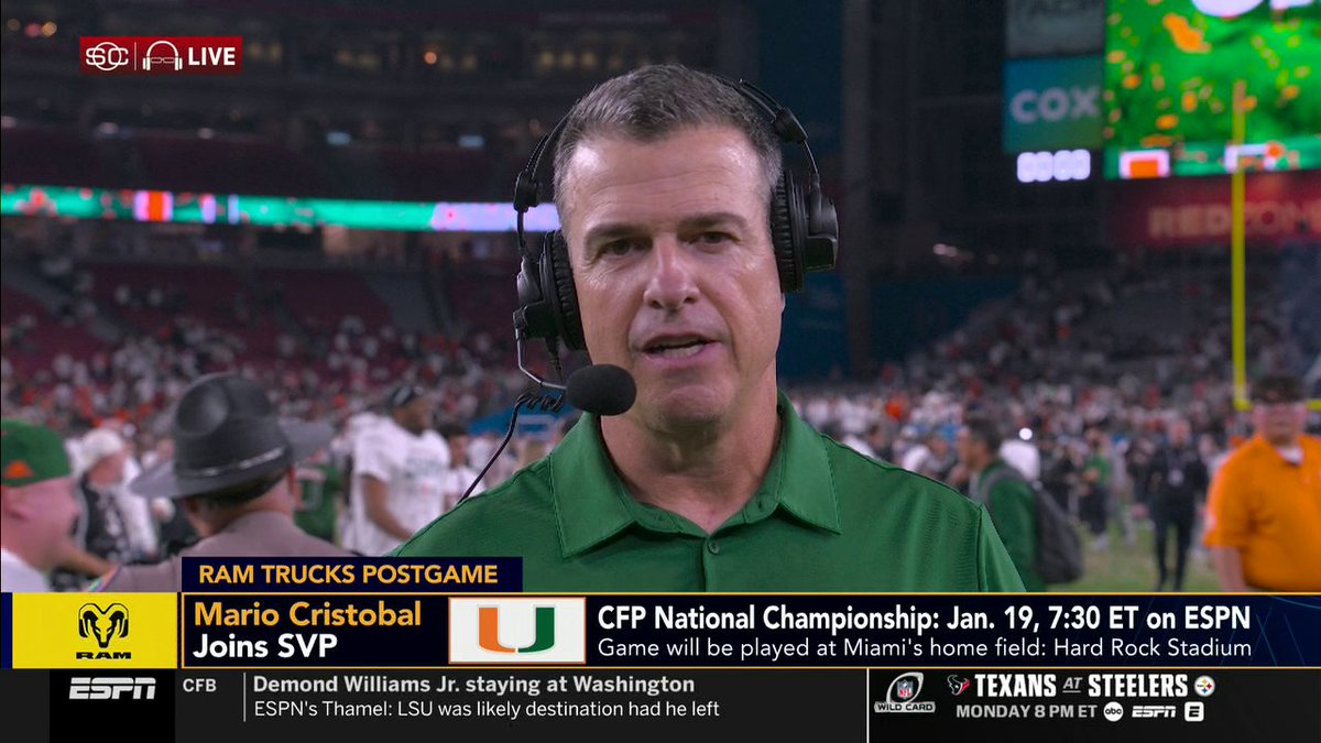 Miami head coach Mario Cristobal talks to Scott Van Pelt after his Canes secure a spot in the natty 🔥