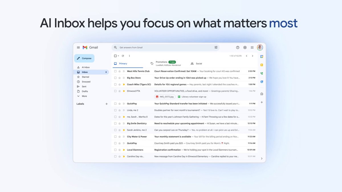 Gmail in the Gemini era is becoming even more helpful. AI Inbox identifies your VIPs and high-stakes items and filters out the clutter so you can focus on what’s most important. Currently rolling out to our trusted testers and to more users in the coming months! 🚀