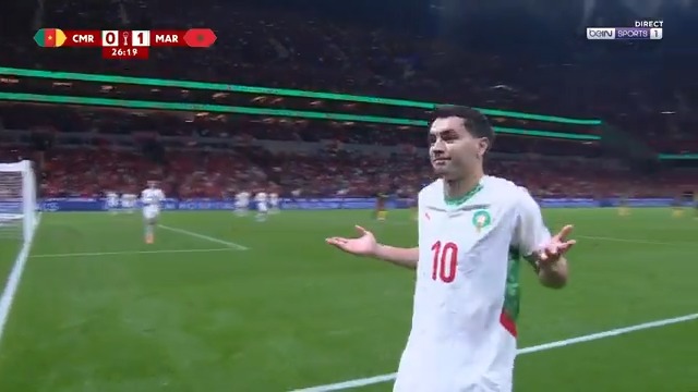 🇲🇦 Brahim Diaz qui ouvre le score pour le Maroc après un corner d'Achraf Hakimi et une tête d'Ayoub El Kaabi !! C'est son 5ème but en 5 matchs !
