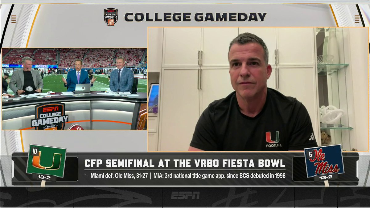 Miami head coach Mario Cristobal catches up with the College GameDay crew after a thrilling semifinals victory vs. Ole Miss 🙌🔥