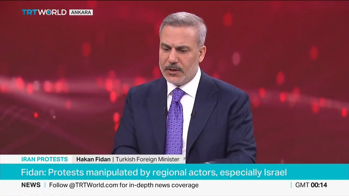 Turkish Foreign Minister Hakan Fidan tells TRT that protests in Iran are being manipulated by other actors, especially Israel, to further destabilise the country, adding existing problems should be resolved through negotiations, particularly with US