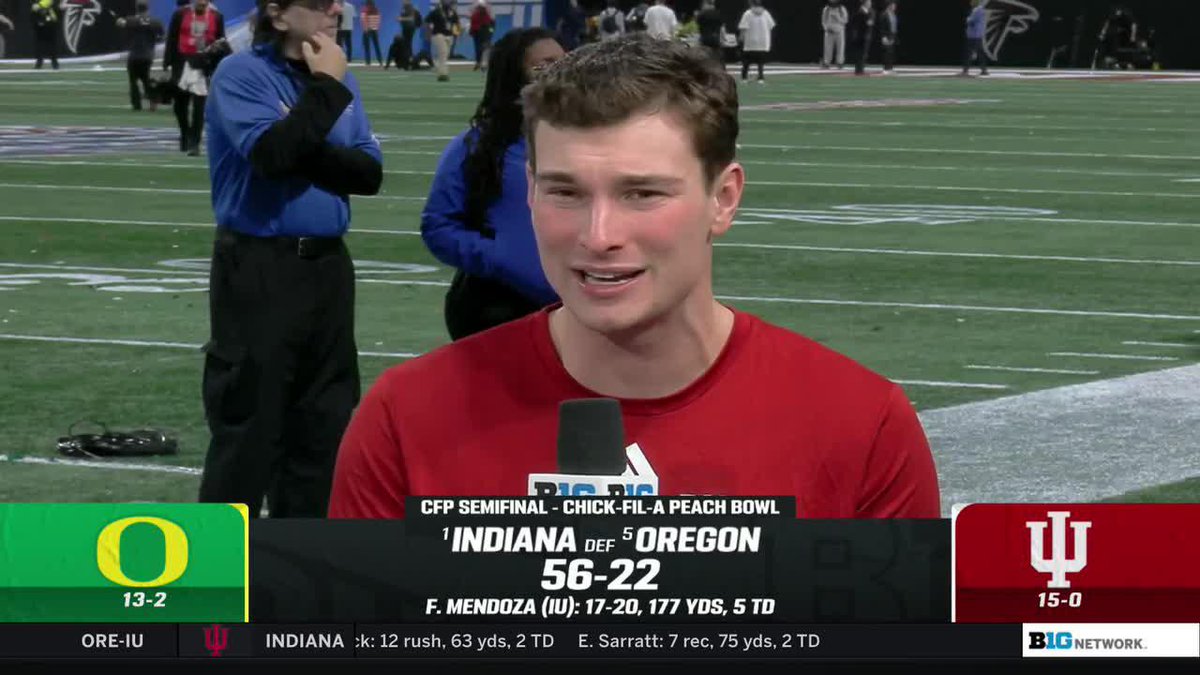 “D’Angelo Ponds picked me off in high school.” 😅 Fast forward to the Chick-fil-A Peach Bowl—Fernando Mendoza was on the celebratory side of the Indiana Football DB's pick-6 🙌
