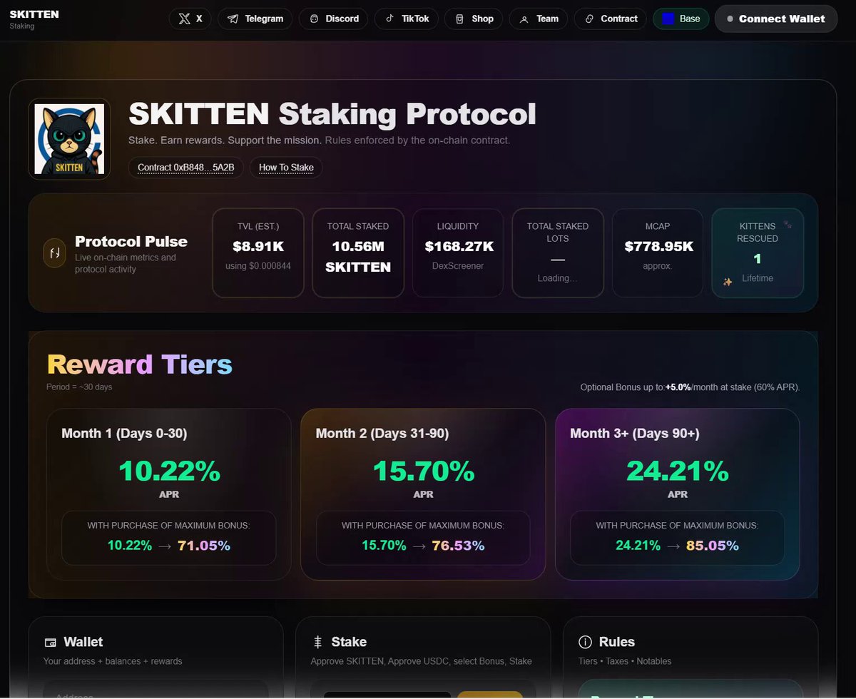 Alright -- Let's spread the good news about our new Staking Protocol launch by giving away $250 in $SKITTEN! 🐾 10 winners at random 🐾 $25 in $SKITTEN each How to enter: ✅ Like 🔁 RT 👤 Follow us 🏷️ Tag 5 friends and visit us and let us know your thoughts. Done! Let’s stake, grow, and save kittens together 💙🐱🚀