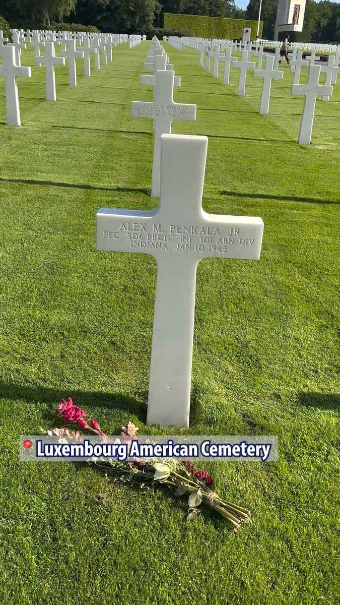 Today we remember Pfc. Alex Penkala, one of the “Band of Brothers” of Easy Company, 506th Parachute Infantry, 101st Airborne Division. Penkala was born on Aug. 30, 1924, and lived in St. Joseph, Indiana where he went to Washington Clay High School. He was drafted and entered service Feb. 27, 1943, in Toledo, Ohio. Penkala and his friend Sgt. Warren H. Muck were killed in the Battle of the Bulge from a direct hit in their foxhole from German artillery just outside the Belgian town of Foy, Jan. 10, 1945. He is buried in Luxembourg American Cemetery buried in Plot I, Row 9, Grave 5. The 101st Airborne Division was awarded a Presidential Unit Citation for holding the line at Bastogne.