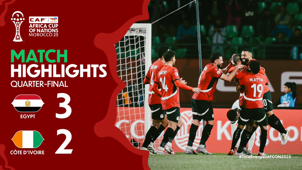 🎥 HIGHLIGHTS: 🇪🇬 3–2 🇨🇮 A 5-goal thriller sends Egypt into the #TotalEnergiesAFCON2025 semi-finals.