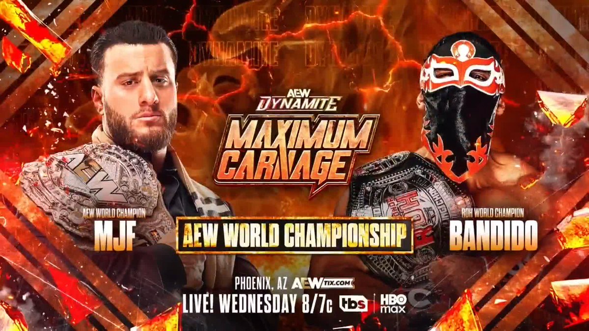 THIS WEDNESDAY at Maximum Carnage, ROH - Ring of Honor Wrestling World Champion Bandido🔫🌵 has a chance to win the #AEW World Title and cut MJF’s reign short before it truly begins! Watch #AEWCollision LIVE on TNT &amp; HBO Max