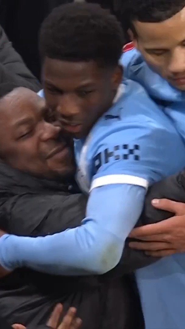 17-year-old Ryan McAidoo went straight to his family in the stands to celebrate scoring on his senior debut for Man City 🩵