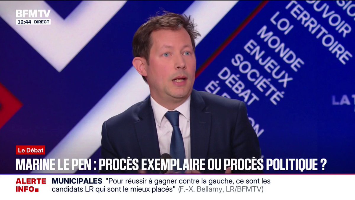 Procès en appel de Marine Le Pen: "Quand la première opposante d'une majorité dans un pays démocratique se trouve invalidée par la justice, il faut que cette décision soit au-dessus de tout soupçon", dit François-Xavier Bellamy (vice-président des Républicains)