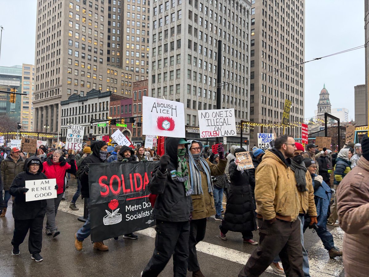 In the wake of the shooting of Renee Nicole Good in Minneapolis, snow and rain do not deter crowds from a protest and march led in Hart Plaza, downtown Detroit, on Saturday, Jan. 10, 2026.