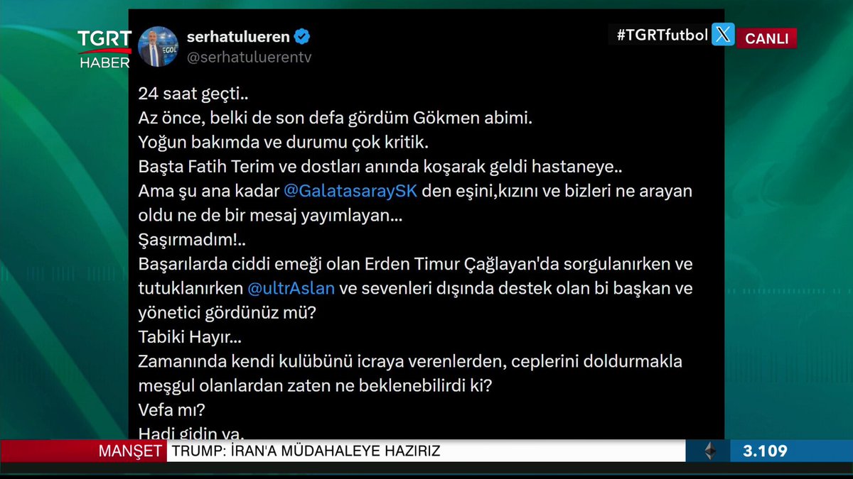 🗣️ Ahmet Ercanlar: "Galatasaray, Gökmen Özdenak için Trabzonspor maçında hiçbir şey yapmadı. Türk futbolundaki samimiyetsizliği anlatıyorum. Neden bir pankartla çıkılmadı? Hastalığında aranmamış bile."