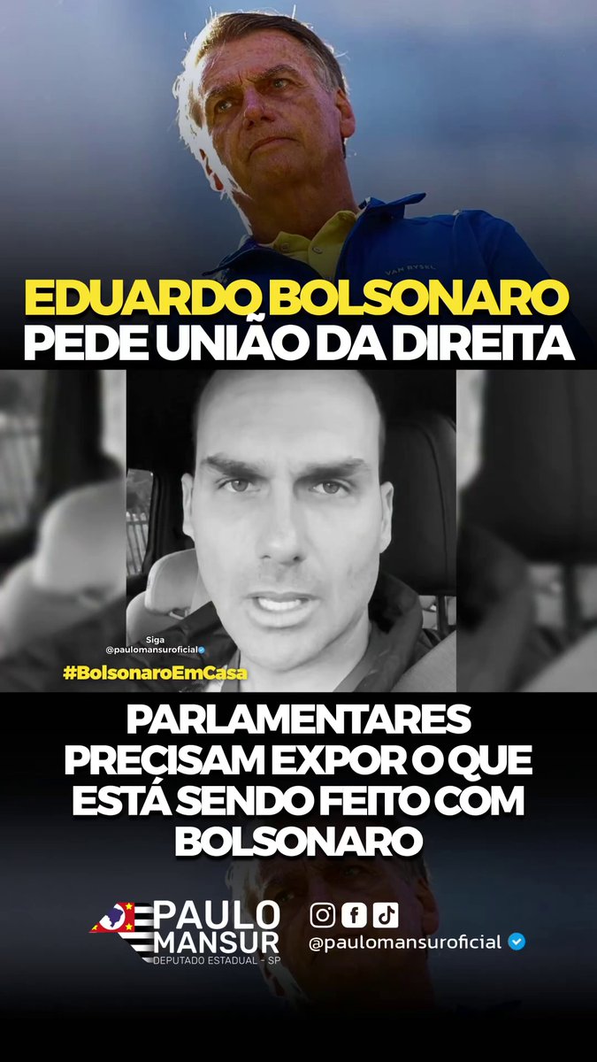 O Eduardo Bolsonaro está fazendo um apelo de solidariedade e socorro a vida de Jair Messias Bolsonaro. Não é subserviência a determinadas figuras. Eduardo está pedindo manifestação em torno de Jair - por consequência - de cada preso político do Brasil! É hora de abandonar o ego e os estrelismos, ou apontar de vez de que lado vocês estão 🫵🏻