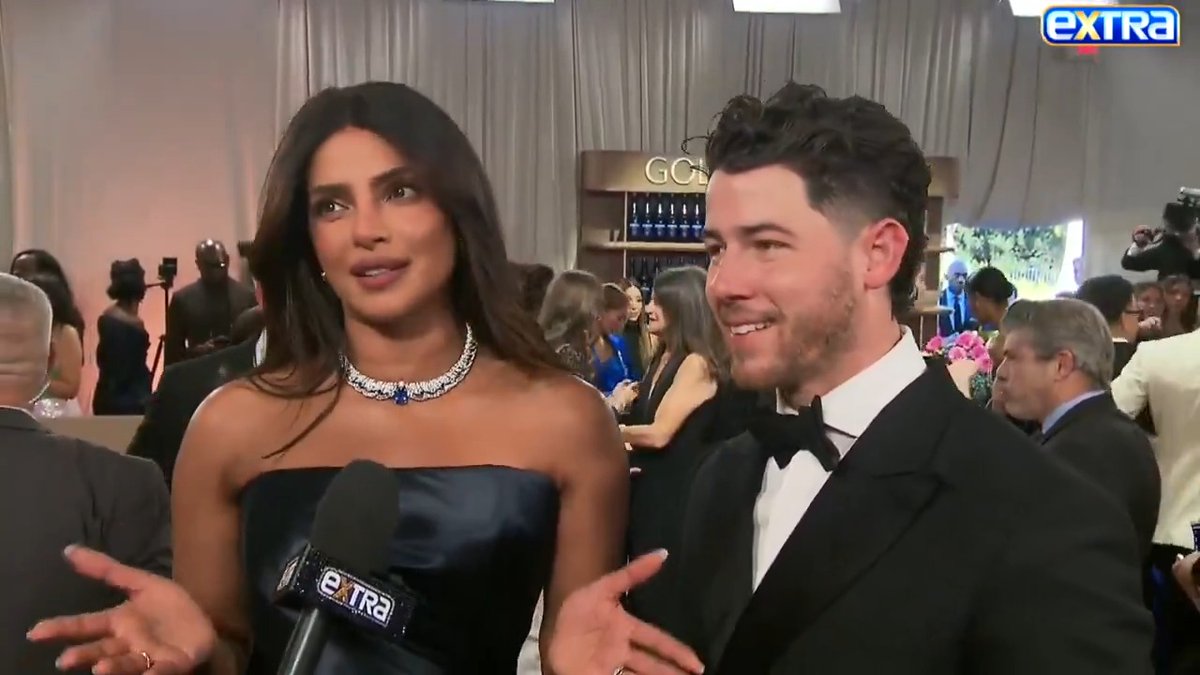 Priyanka Chopra & Nick Jonas’ baby advice for new dad Derek Hough: "GRANDPARENTS!" ☺️ #GoldenGlobes