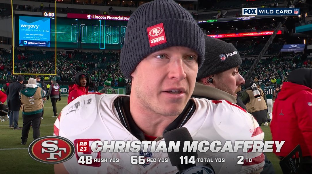 2 TDs for Christian McCaffrey. He caught up with Tom Rinaldi after the San Francisco 49ers big win against the Eagles.