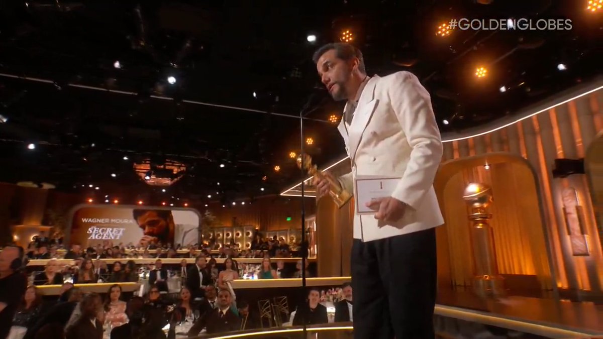 Enjoying this winning moment with Wagner Moura – our Best Male Actor – Motion Picture – Drama winner for The Secret Agent! #GoldenGlobes