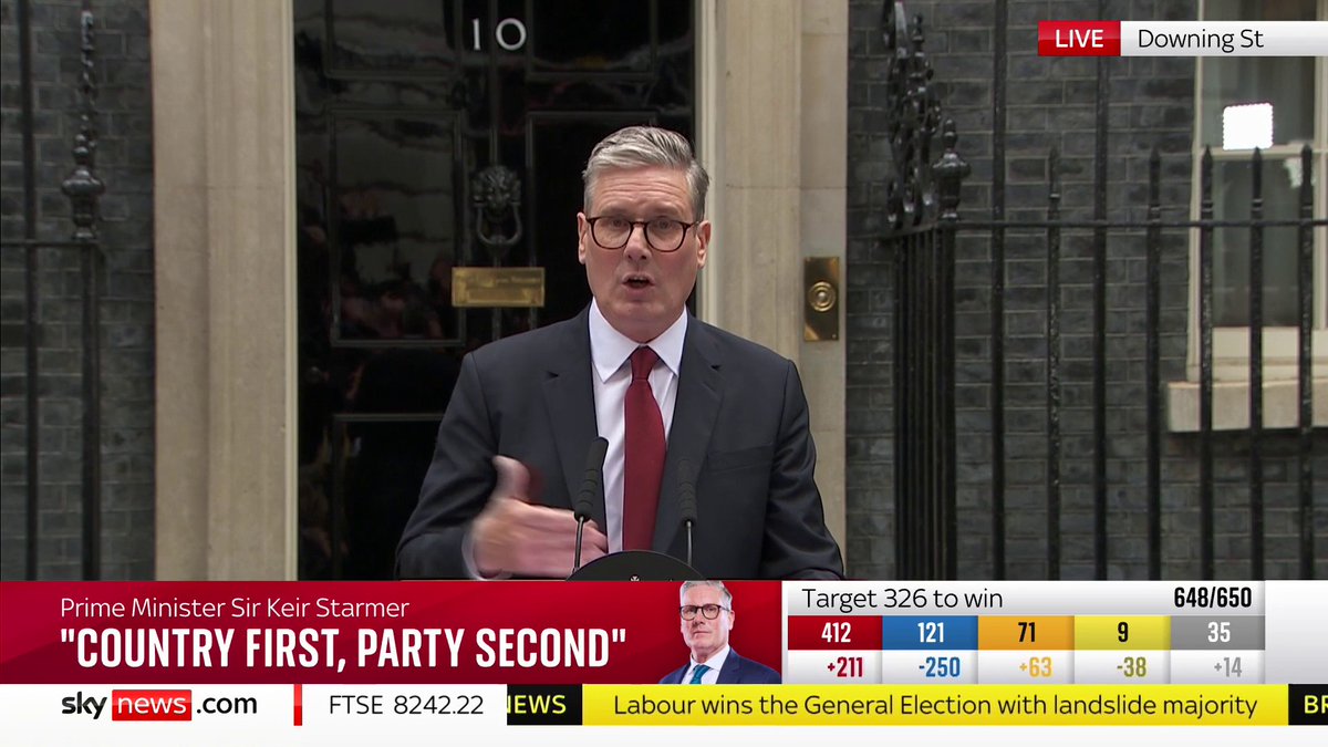 Keir Starmer, Labour PM, 5th July 2024: ‘You have given us a clear mandate and we will use it to deliver change. To restore service and respect to politics, end the era of noisy performance, tread more lightly on your lives and unite our country’