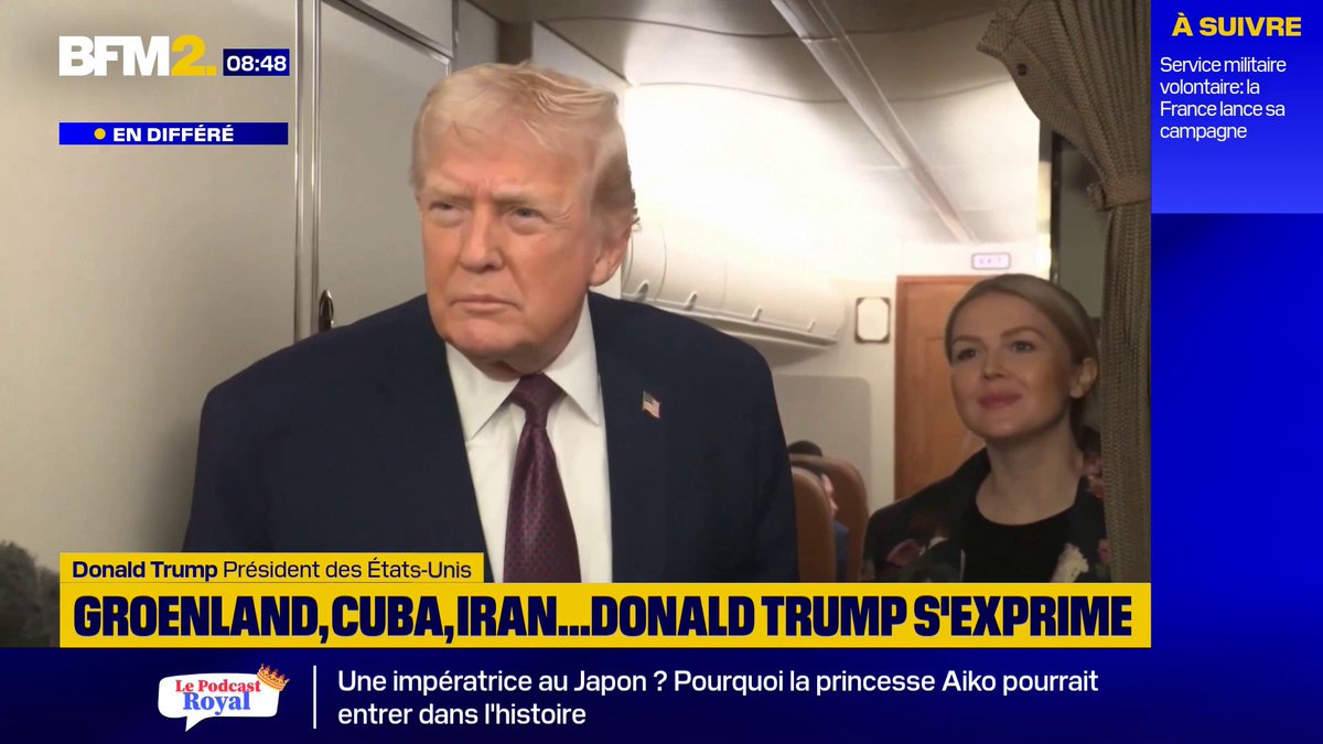 "Si nous ne prenons pas le Groenland, la Russie ou la Chine le feront. Et je ne vais pas laisser cela se produire [...] D'une manière ou d'une autre, nous allons avoir le Groenland", a déclaré Donald Trump depuis l'Air Force One #BFM2