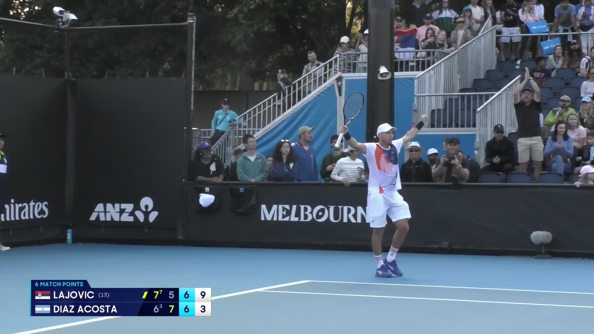 Three hours and 19 minutes later... 🥵 Dusan Lajovic overcomes Diaz Acosta 7-6(3) 5-7 7-6[10-3] to move onto the second round of qualifying 🇷🇸 Wide World of Sports • ESPN • TNT Sports • WOWOWテニス • #AusOpen • #AO26