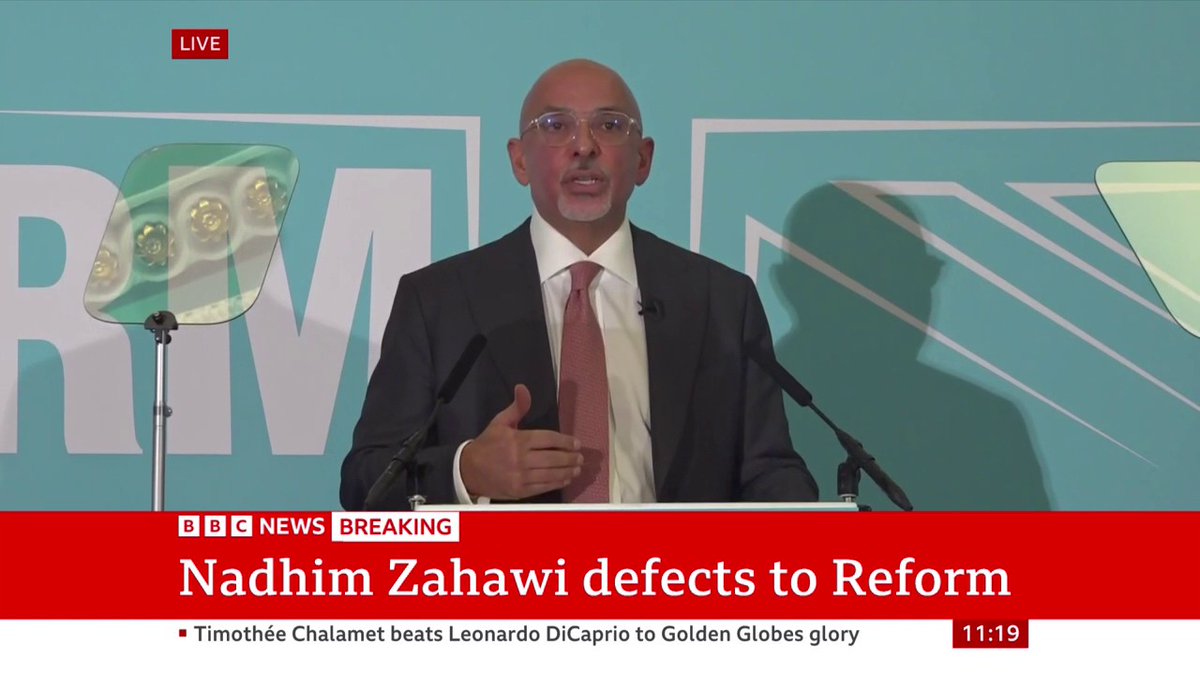 "I am inspired by Reform, our best days can lie ahead...but at the moment Britain is broken" Former Conservative chancellor Nadhim Zahawi announces his defection to Reform UK, adding he's prepared to put his "shoulder to the wheel to help it"