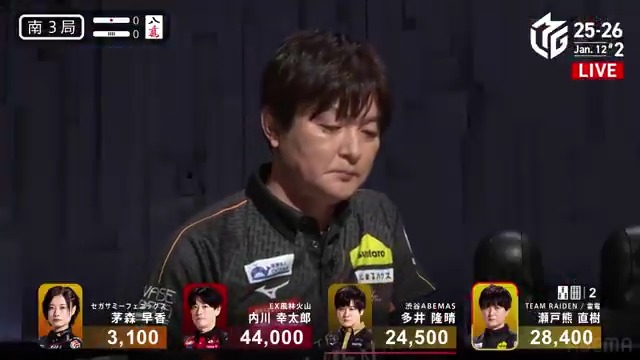 #Mリーグ 2025-26試合ダイジェスト📹 南3局 #瀬戸熊直樹 選手の跳満ツモ! トップ目内川選手を追い上げたい2着目の瀬戸熊選手 赤2ドラ1の🀒🀕待ちでリーチに踏み切る! 鮮やかにツモって裏ドラも1枚! 3000・6000を決めてあと一歩で逆転の位置に⚡ 👇動画タップで今すぐ無料視聴