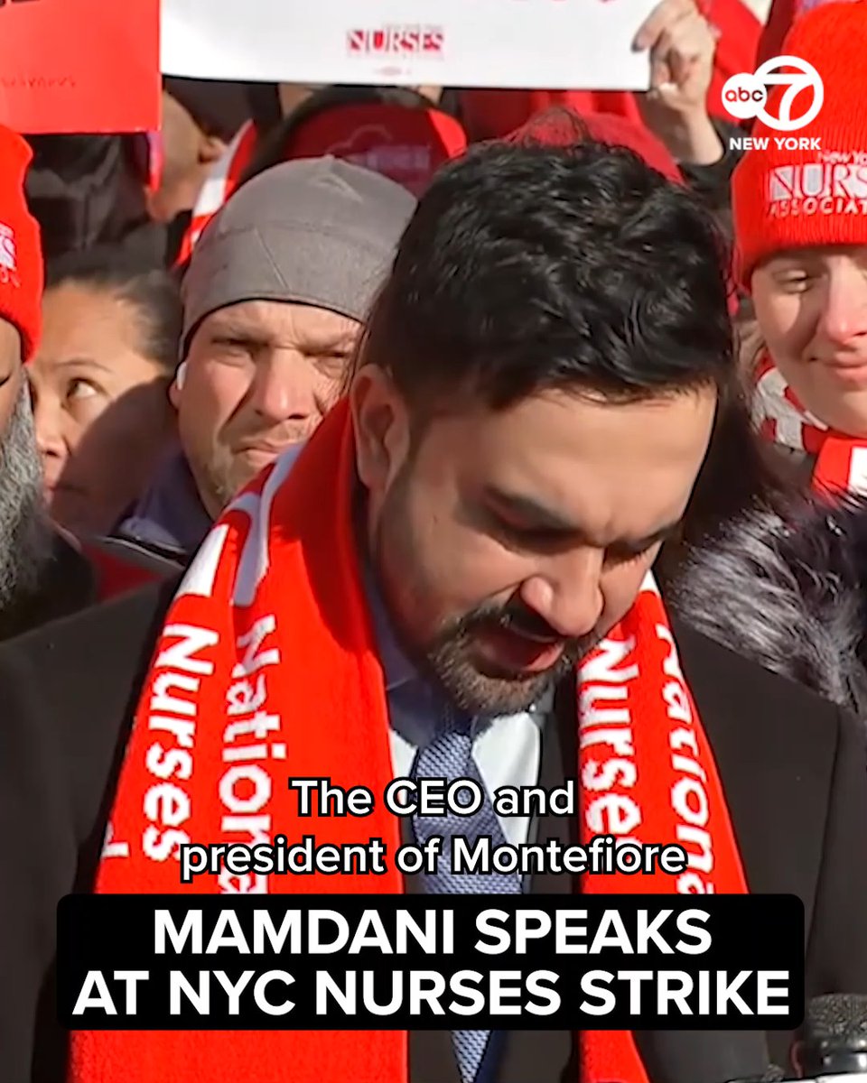More here 👉️ | Mayor Zohran Mamdani spoke at a protest by nurses at a number of hospitals in New York City on Monday. "For too many of the 15,000 NYSNA nurses who are on strike, they are not able to make their ends meet. They are not asking for a multi-million dollar salary. What they are asking for is for their pensions to be safeguarded, to be protected in their own workplace, to receive the pay and the health benefits that they deserve," he said.