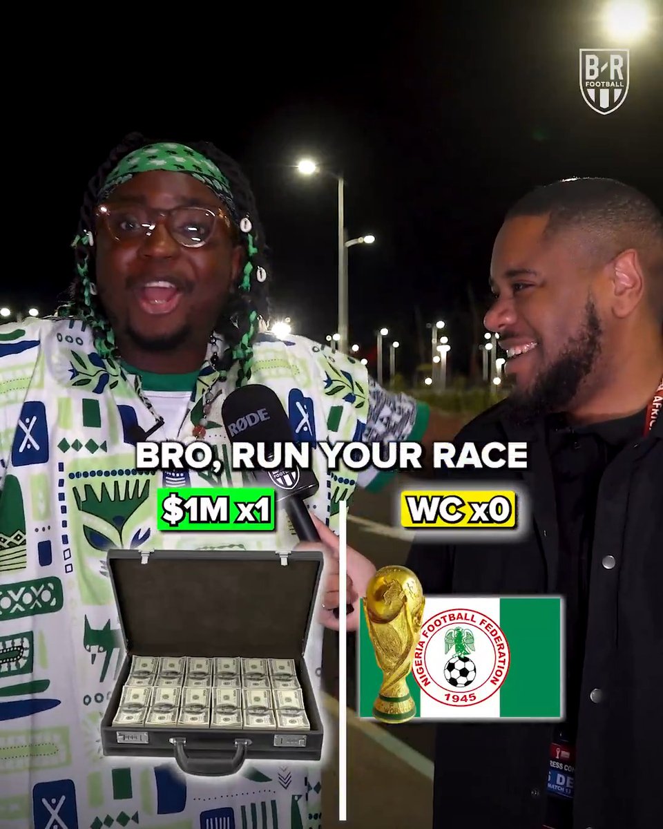 Would Nigeria fans take $1M over seeing the Super Eagles at the World Cup? ๐ณ๐ฌ๐
(w/ Miles ๐ซฐ๐พ๐ฌ๐ญ)
