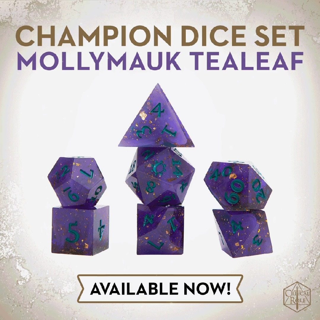 NEW CHAMPIONS ARRIVE AT THE TABLE 🎲 🔥 Power up your math rocks with Exandria's most legendary heroes - all-new Champion Dice Sets celebrating Fjord Stone, Yasha Nydoorin, and Mollymauk Tealeaf are here! Draw on the swirling might of the sea, roll with storm-blessed grace, and court a little chaos at your next game night with these gorgeously detailed, sharp-edged dice! FIND YOURS TODAY ⬇️ 🇺🇸 🇬🇧 🇨🇦 🇦🇺 🇪🇺