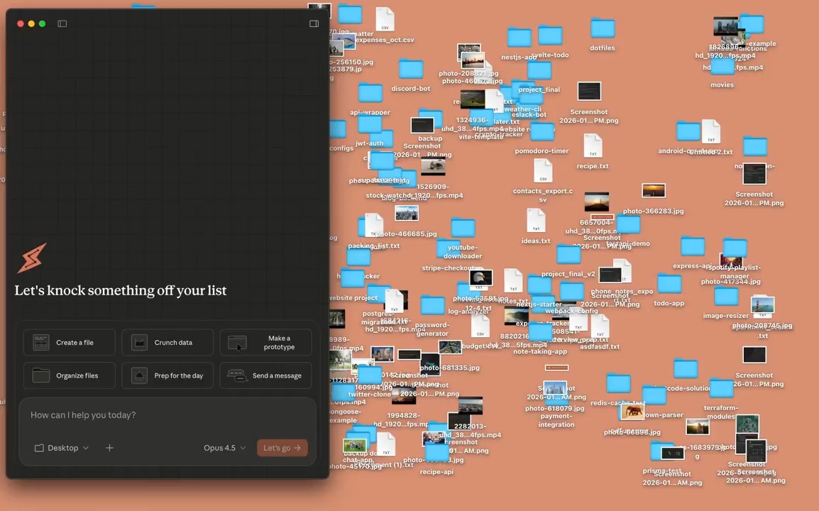 In Cowork, you give Claude access to a folder on your computer. Claude can then read, edit, or create files in that folder. Try it to create a spreadsheet from a pile of screenshots, or produce a first draft from scattered notes.
