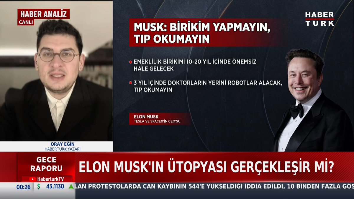 📌Elon Musk: Birikim yapmayın, tıp okumayın. 📌Elon Musk'ın ütopyası gerçekleşir mi? Habertürk Yazarı Oray Egin #GeceRaporu'nda değerlendirdi.