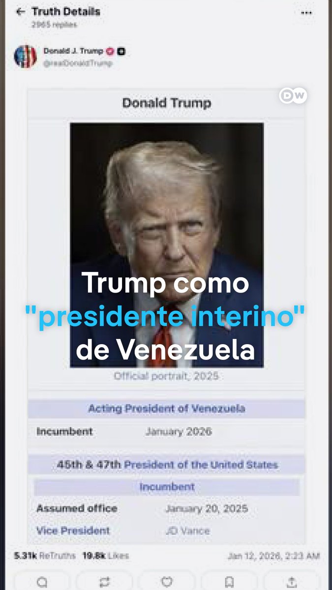 Trump se autocalifica "presidente interino" de Venezuela El presidente de Estados Unidos, Donald Trump, se ha autocalificado de "presidente interino" de Venezuela en un mensaje publicado en su red social, Truth, con una imagen manipulada de su entrada en Wikipedia. El domingo había bromeado con nombrar a su secretario de Estado, Marco Rubio, "presidente de Cuba".