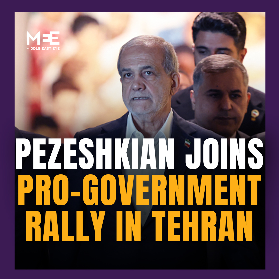 Iranian President Masoud Pezeshkian joined supporters in a pro-government rally on Monday in Tehran’s Enghelab Square. Pezeshkian was seen walking alongside protesters through the capital’s streets