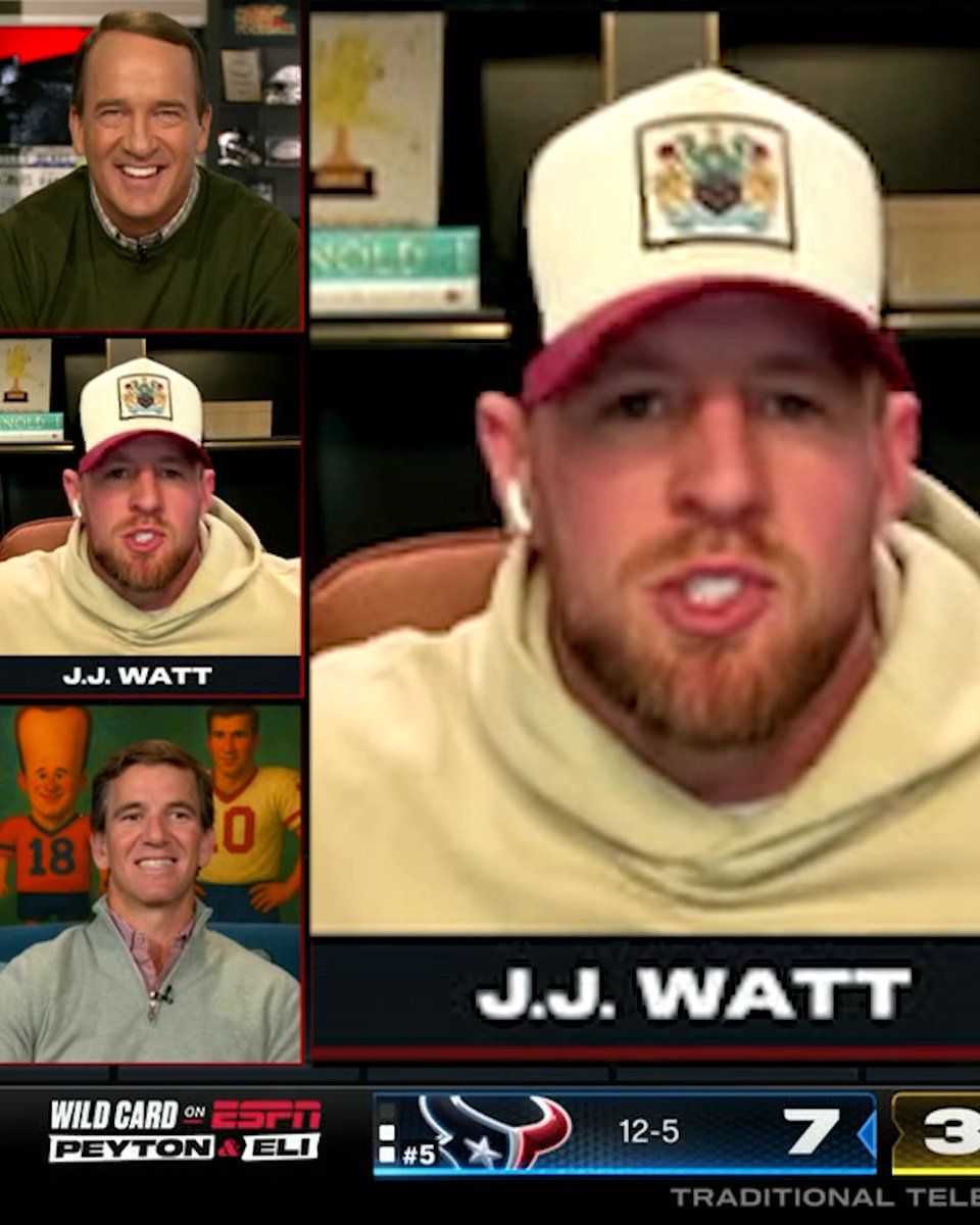 "My arms are pretty large, just like your forehead Peyton." JJ Watt coming from the top rope 😭